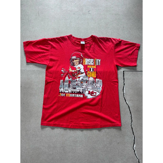 90s Vintage Kansas City Chiefs Joe Montana Salem Sportswear Caricature Red T - | Martin City Vintage