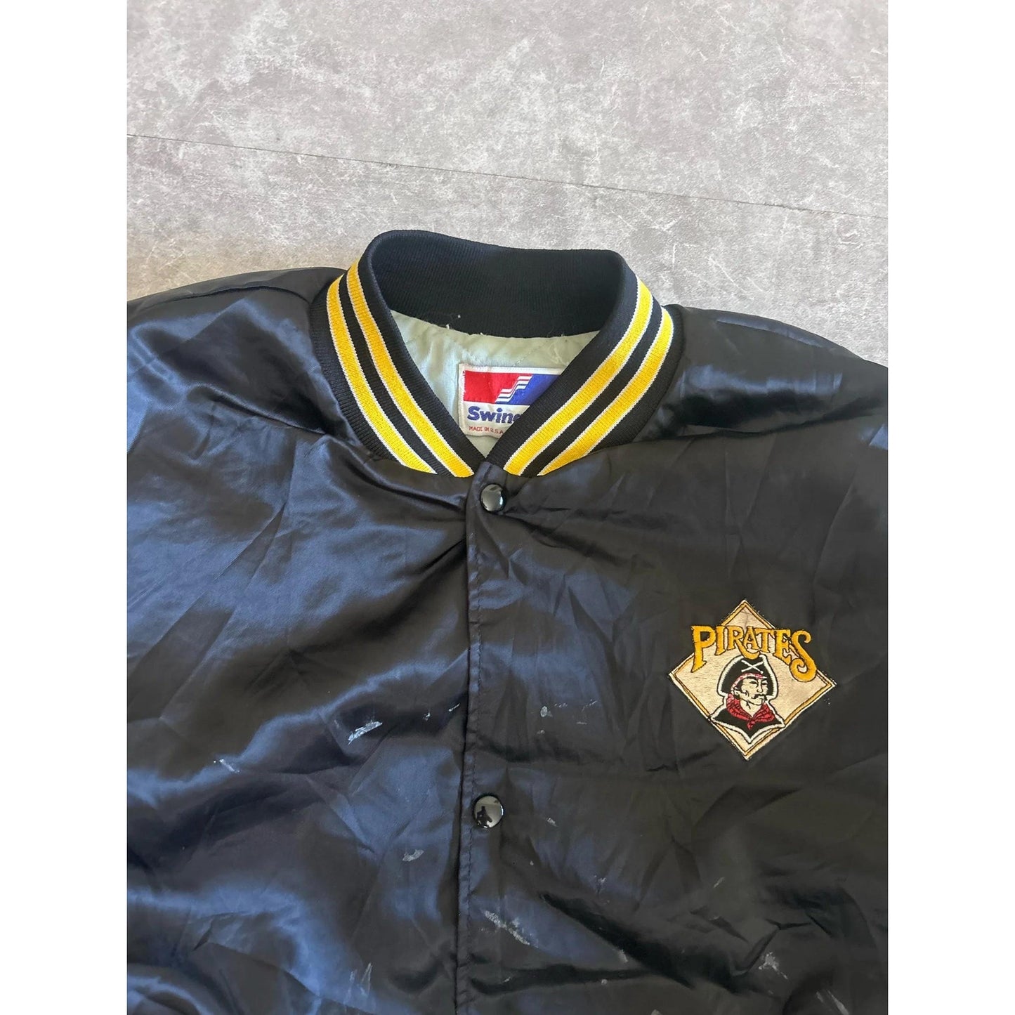 90s Vintage Pittsburgh Pirates Distressed Satin Black Jacket Size XL - | Martin City Vintage